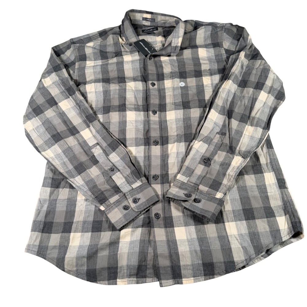 Eddie Bauer Tidelands Shirt Mens Large Grey Plaid Long Sleeve Cotton Cotton NEW